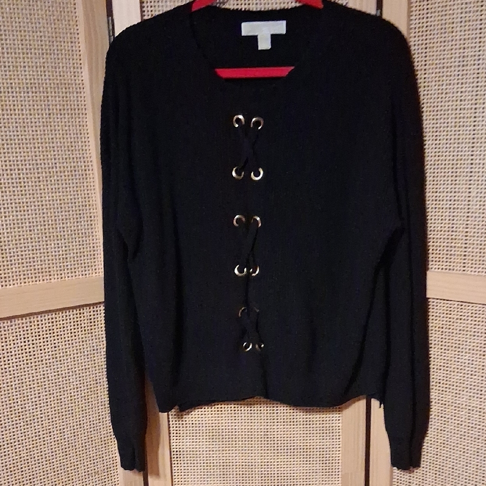Michael Kors Black Lace-Up Long Sleeve Round Neck Knit Sweater Size L